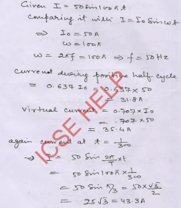 An alternating current is given by I = 50 sin 100 πt. Find the frequency of current, mean current during a positive half-cycle, virtual current and the current at t = (1/300) s.