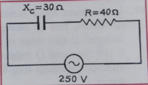 In the given AC circuit, find out the potential difference across the (i) resistor, (ii) capacitor.