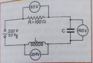 In the given L-C-R series circuit fed by 220 V-50 Hz AC mains, find (i) current in the circuit, (ii) value of inductor