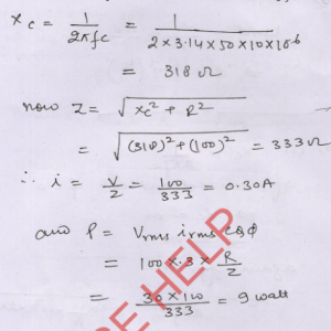 An alternating emf of 100 V-50 Hz is applied across a 10 µF capacitor and 100 Ω resistor in series. Calculate the reactance of the capacitor, the current flowing and the average power supplied.