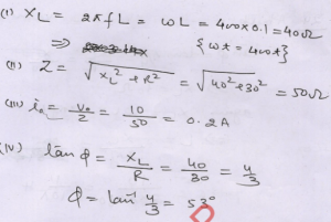 For the given circuit, find (i) the reactance, (ii) the impedance, (iii) the peak value of current and (iv) the phase difference between voltage and current. (tan^-1(1.33) = 53 deg)