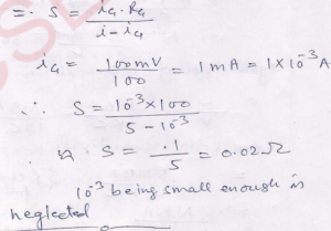 A galvanometer has a resistance of 100 Ω. A PD of 100 mV between its terminals gives a full-scale deflection. Calculate the shunt resistance required to convert the galvanometer into an ammeter reading up to 5 A.