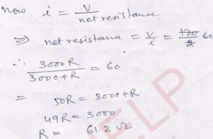 The given circuit is used to measure the resistance R. The ammeter reads 2 A and the voltmeter 120 V What is the value of R if the resistance of the voltmeter is 3000 Ω? If the resistance of the voltmeter is taken to be infinitely large, then.