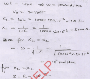 In the given circuit, calculate the inductive reactance and the capacitive reactance. What should be the source frequency so that the two reactance become equal in magnitude? What would then be the impedance of the circuit?