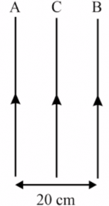 Two very long, straight, parallel wires currents of 10 A and 20 A respectively and