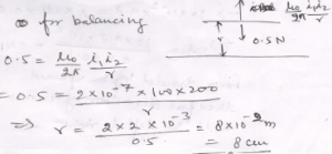 A long horizontal rigidly supported wire carries a current of 100 A. Directly above it and parallel to it is a fine wire that carries a current of 200 A and weighs 0.05 N/m