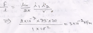 Calculate force per unit length acting on the wire B due to current flowing in the wire A.