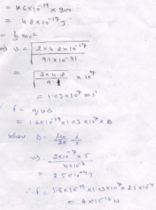 An electron accelerated by a potential difference of 300 V, is moving at a distance of 4 mm from a long, straight wire. If a current of 5 A flows through the wire, what will be the force acting on the electron?