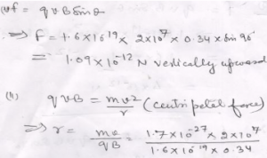 A proton moving towards east in a horizontal plane enters a horizontal magnetic field of 0.34 T directed towards north with a speed of