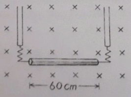 A 60 cm long wire (mass 10 g) is hanged by two flexible wires in a magnetic field 