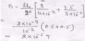 Two infinitely long insulated wires are kept perpendicular to each other. They carry currents I1 = 2 A and I2 = 1.5 A. (i) Find the magnitude and direction of the magnetic field at P.