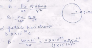 An alpha-particle (charge 2e) moves along a circular path of radius 1.0 Å with a uniform speed of 2.0 x 10^6 ms^-1. Calculate the magnetic field produced at the centre of the circular path.
