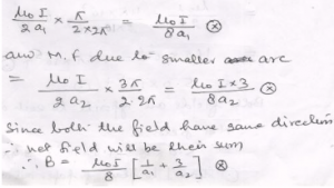 A current of I ampere is flowing through the adjoining bent wire. Find the magnitude and direction of the magnetic field at the point O.