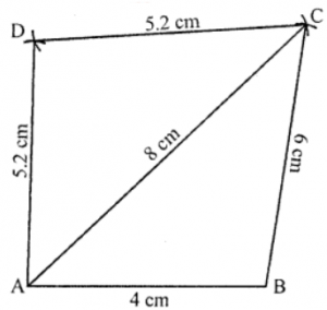 Que-1: Construct a quadrilateral ABCD, when AB = 4 cm, BC = 6 cm, CD = DA = 5.2 cm and AC = 8 cm.