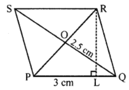 Que-10: PQRS is a rhombus : (i) If it is given that PQ = 3 cm, calculate the perimeter of PQRS. (ii) If the height of the rhombus is 2.5 cm, calculate the area. (iii) If the diagonals cut at O, state the size of the angle POQ in degrees.