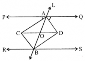 Que-10: A transversal cuts two parallel lines at A and B. The two interior angles at A are bisected and so are the two interior angles at B; the four bisectors form a quadrilateral ACBD. Prove that: (i) ACBD is a rectangle. (ii) CD is parallel to the original parallel lines.