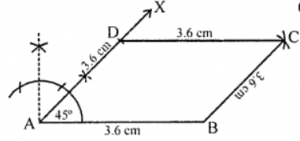 Que-10: Construct a rhombus ABCD on a base AB = 3.6 cm long and having one of its angles equal to 45°.