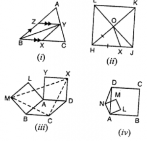 Que-11: In the figures, (i) BY bisects ∠B of AABC. Prove that B∠YX is a rhombus. (ii) HJKL is a square, HO = HX. Prove that ∠HOX = 3∠XOJ. (iii) ABCD is a || gm. ABML and ADXY are squares. Prove that ACXM is isosceles. (iv) ABCD and ALMN are squares. Prove that BL = DN.