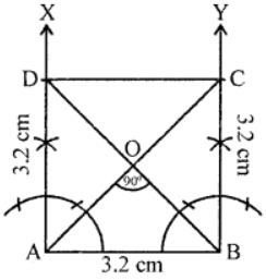 Que-11: Using ruler and compasses, draw a square on a line segment 3.2 cm long. Draw the diagonals. Measure their lengths and also the angle between their.