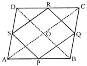 Que-12: Quad. ABCD is a rhombus and P, Q, R, S are the mid-points of AB, BC, CD, DA respectively. Prove that quad. PQRS is a rectangle.