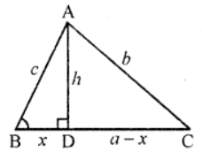 Que-12: In the given figure, ∠B is acute and segment AD ⊥ side BC. Show that (i) b² = h² + a² + x² – 2ax (ii) b² = a² + c² – 2ax