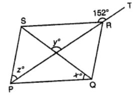 PQRS is a rhombus in which the diagonal PR is produced to T. If ∠SRT = 152°, then find x, y and z. 
