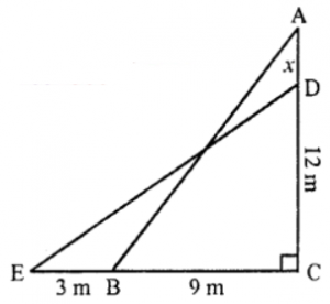 Que-14: A ladder rests against a vertical wall at a height of 12 m from the ground with its foot at a distance of 9 m from the wall on the ground. If the foot of the ladder is shifted 3 m away from the wall, how much lower will the ladder slide down?