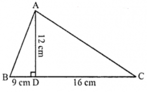 Que-15: AD is an altitude of a AABC and AD is 12 cm, BD = 9 cm and DC = 16 cm long respectively. Prove that the angle BAC is a right angle.