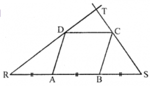 Que-15: ABCD is a rhombus. RABS is a straight line such that RA = AB = BS. Prove that RD and SC when produced meet at right angles.