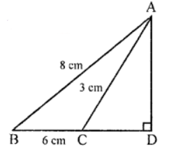 In the figure, AB = 8 cm, BC = 6 cm, AC = 3 cm, and the angle ADC = 90°. Calculate CD.