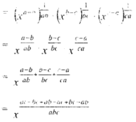 Prove that : (v) ab√{(x^a)/(x^b)} ⋅ b√{(x^b)/(x^c)} ⋅ ca√{(x^c)/(x^a)} = 1