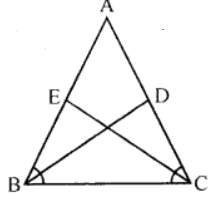 Que-19: In an isosceles triangle, prove that the bisectors of the base angles meeting the opposite sides are equal.