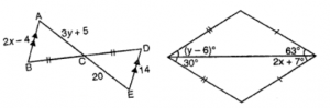 Que-19: Find the values of x and y in the figures given below, using congruency of triangles. (i) and (ii)