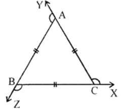Que-2: Prove that each angle of an equilateral triangle is 60°. Hence show that every equilateral triangle is equiangular. What is the measure of each of the exterior angle of an equilateral triangle ?
