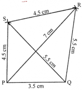 Que-2: Construct a quadrilateral PQRS, where PQ = 3.5 cm, QR = 5.5 cm, QS = 5.5 cm, PS = 4.5 cm and SR = 4.5 cm. Measure PR.