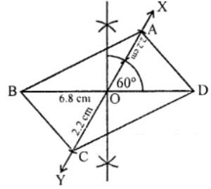 Que-2: Diagonals AC = 4.4 cm, diagonal BD = 6.8 cm and the angle between the diagonals = 60°.