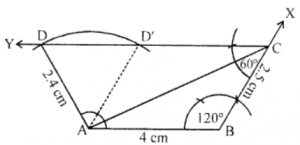 Que-20: Without using set squares or protractor, construct the trapezium ABCD in which AB is parallel to DC, AB = 4.0 cm, ∠ABC = 120°, BC = 2.5 cm, DA = 2.4 cm and ∠DAB is obtuse, Measure AC.