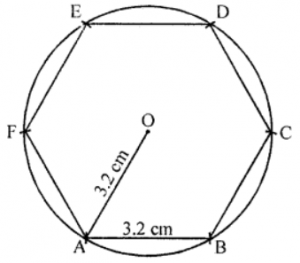 Que-23: Hexagon on a side of 3.2 cm. Find out its area.