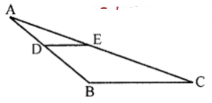 In the figure, in the ∆ABC, D is the mid-point of AB, E is the mid-point of AC. Calculate: (i) DE, if BC = 6 cm (ii) ∠ADE, if ∠DBC = 140°