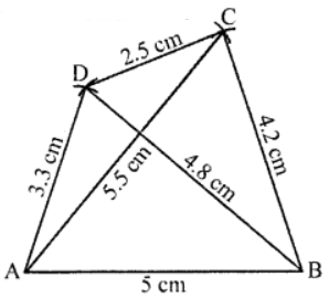 Que-3: Construct a quadrilateral ABCD, when AB = 5 cm, BC = 4.2 cm, AD = 3.3 cm. AC = 5.5 cm and BD = 4.8 cm. Measure side CD.