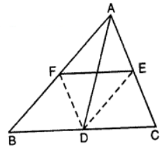 Que-4: In figure, D, E, F are the mid-points of BC, CA and AB respectively. Prove that AD bisects EF.