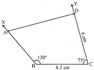 Que-5: Construct a quadrilateral ABCD, in which AB = 4.6 cm, BC = 6.5 cm, CD = 6 cm, ∠B = 130° and ∠C = 75°.
