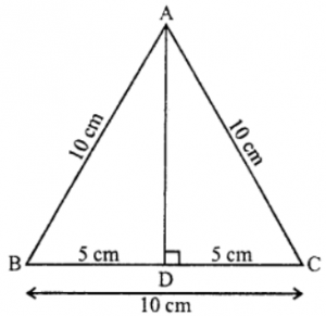 (b) AD is drawn perpendicular to BC, base of an equilateral triangle ABC. Given BC = 10 cm, find the length of AD, correct to 1 place of decimal.