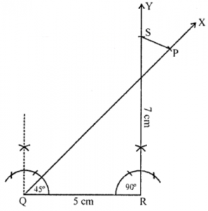 Que-6: Construct a quadrilateral PQRS, in which ∠Q= 45°, ∠R = 90°, QR = 5 cm, PQ = 9 cm and RS = 7 cm.