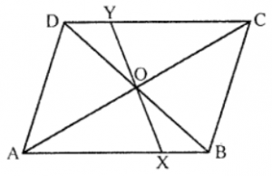 Que-7: (i) The diagonals of a parallelogram intersect at O. A line through O intersects AB at X and DC at Y. Prove that OX = OY. (ii) In a triangle ABC, median AD is produced to X, such that AD = DX. Prove that ABXC is a parallelogram.