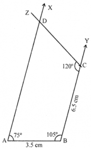 Que-7: Construct a quadrilateral ABCD, in which AB = 3.5 cm, BC = 6.5 cm. ∠A = 75°, ∠B = 105° and ∠C = 120°.