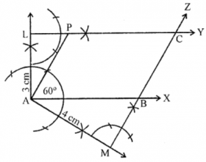 Que-8: The perpendicular distances between the pair of opposite sides of a parallelogram are 3 cm and 4 cm and one of its angles measures 60°. Using ruler and compasses only construct the parallelogram.