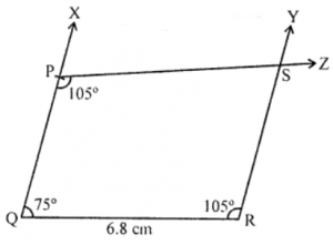Que-8: Construct a quadrilateral PQRS where PQ = 3.8 cm, QR = 6.8 cm, ∠P = ∠R = 105° and ∠S = 75°.