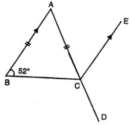 In figure, ABC is an isosceles triangle with AB equal to AC. AC is produced to point D and CE is drawn parallel to BA. If ∠CBA = 52°, find ∠DCE.