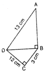 In the figure, ABCD represents a quadrilateral in which AD = 13 cm, DC = 12 cm, BC = 3 cm, and ∠ABD = ∠BCD = 90°. Calculate the length of AB.